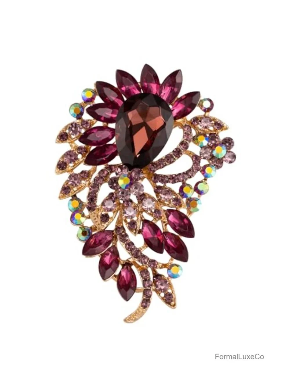 Large Flower Brooch Pin Gold Tone Rhinestone Scarf Sweater Accessory